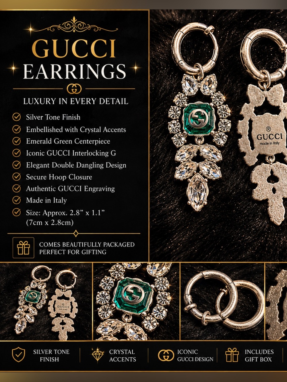 Gucci Gold-Tone Earrings with Green Enamel and Clear Crystals